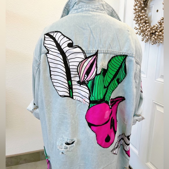 Distressed Denim Tunic with Tropical Print. Only 1 made. - Picture 2 of 7